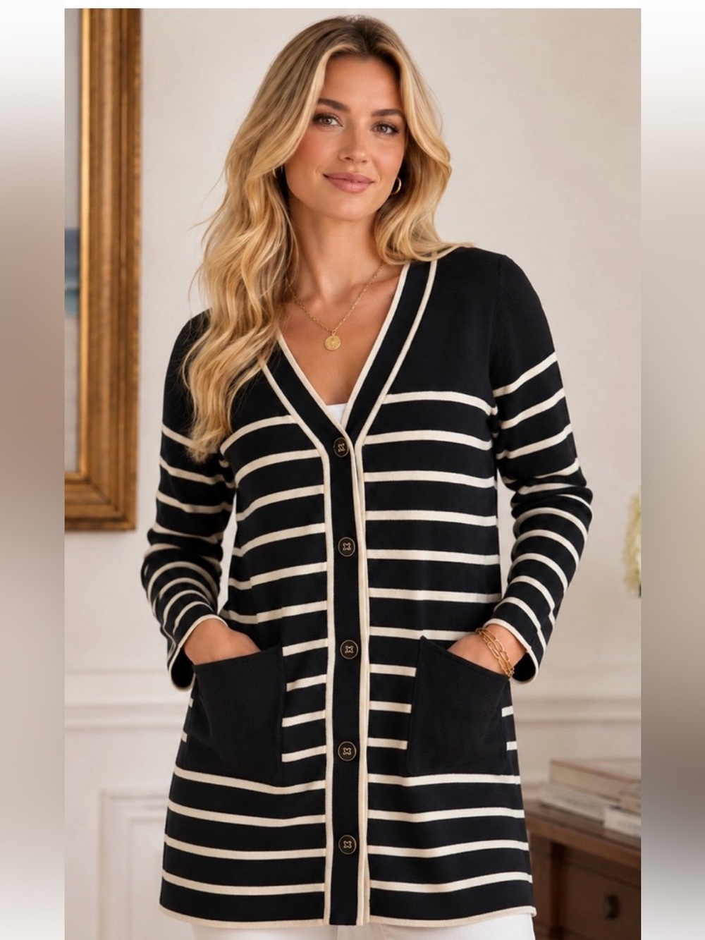 NWT Tuckernuck Lauren Cardigan Black Cream Stripe Size S